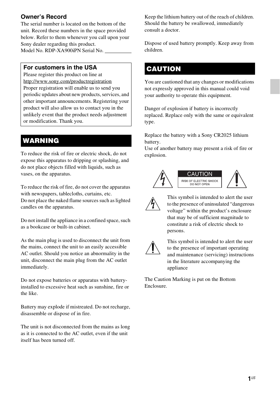 Warning caution | Sony RDP-XA900iPN User Manual | Page 5 / 108
