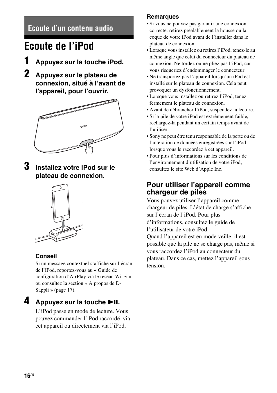 Ecoute d’un contenu audio, Ecoute de l’ipod, Ecoute de l’ipod 1 | Sony RDP-XA900iPN User Manual | Page 54 / 108