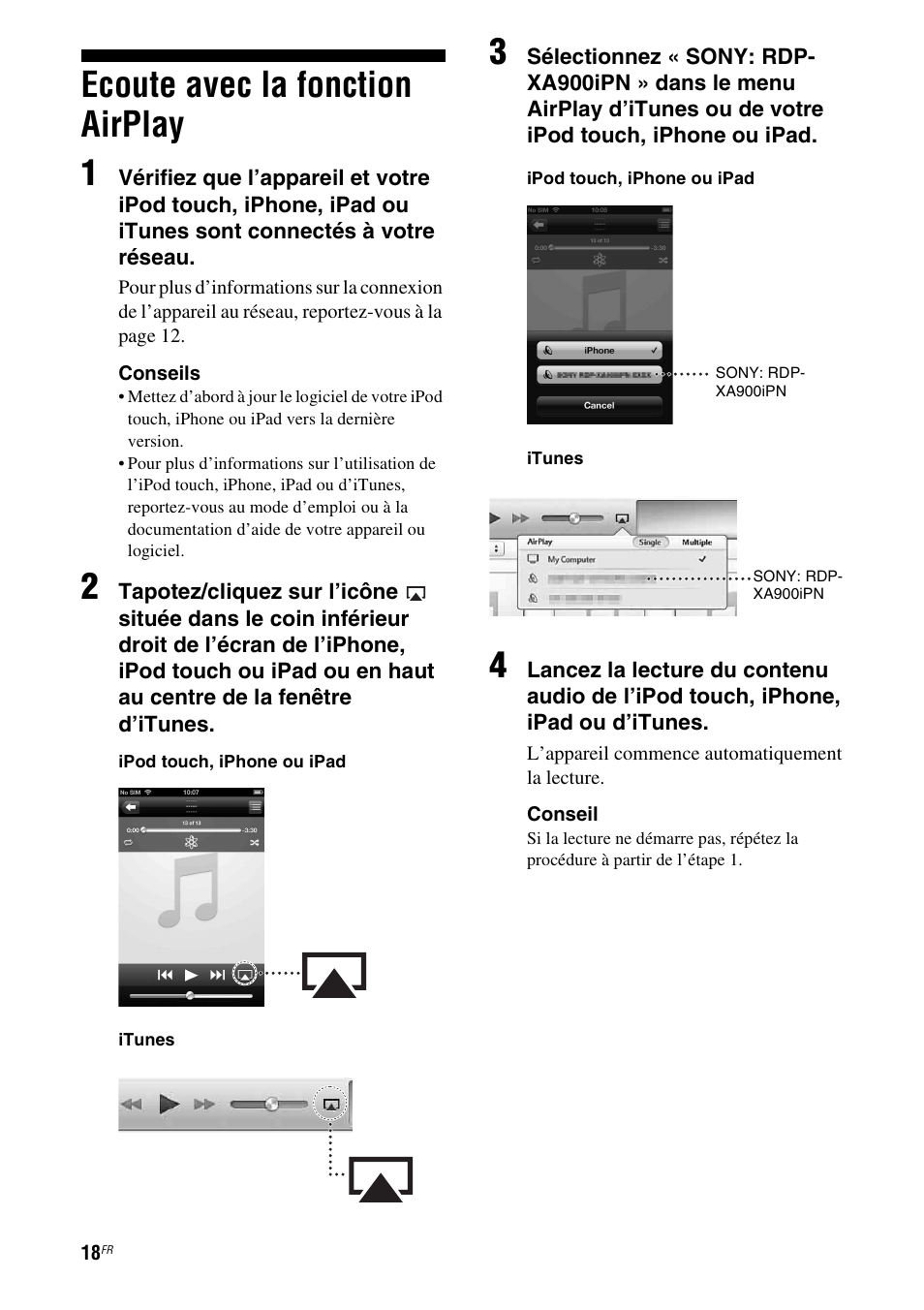 Ecoute avec la fonction airplay, Ecoute avec la fonction airplay 1 | Sony RDP-XA900iPN User Manual | Page 56 / 108