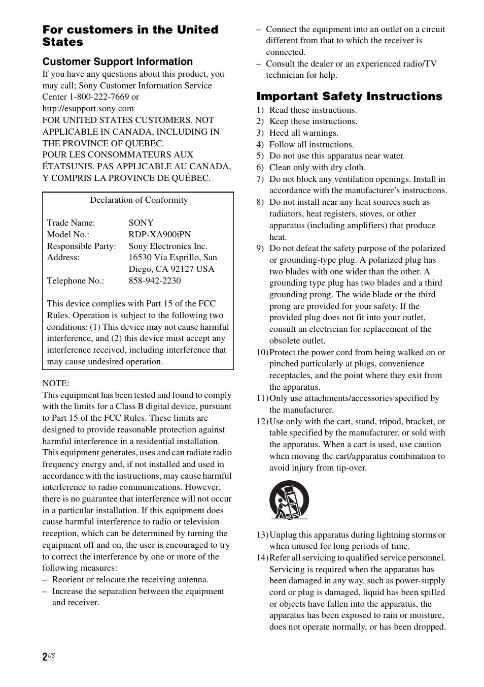 For customers in the united states, Important safety instructions | Sony RDP-XA900iPN User Manual | Page 6 / 108