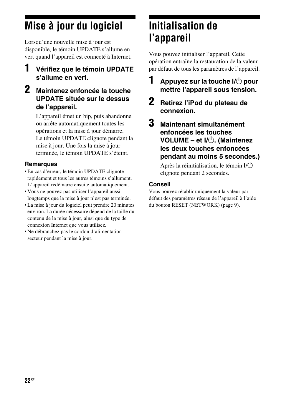 Mise à jour du logiciel, Initialisation de l’appareil | Sony RDP-XA900iPN User Manual | Page 60 / 108