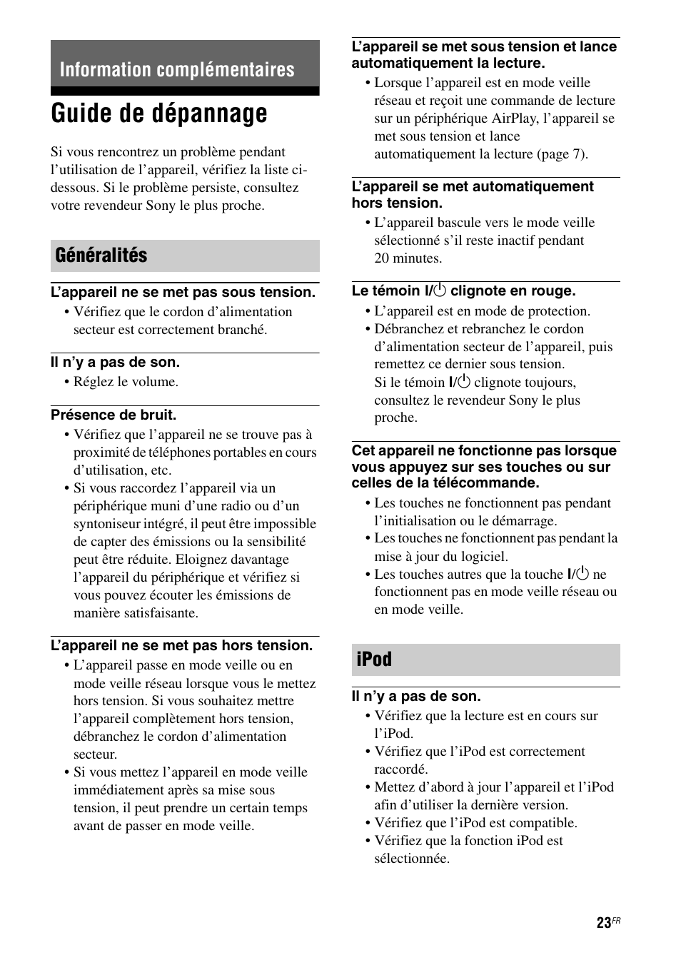 Information complémentaires, Guide de dépannage, Information complémentaires généralités ipod | Sony RDP-XA900iPN User Manual | Page 61 / 108