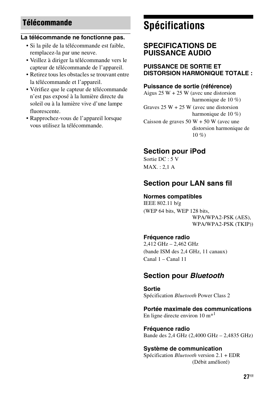 Spécifications, Télécommande, Specifications de puissance audio | Sony RDP-XA900iPN User Manual | Page 65 / 108