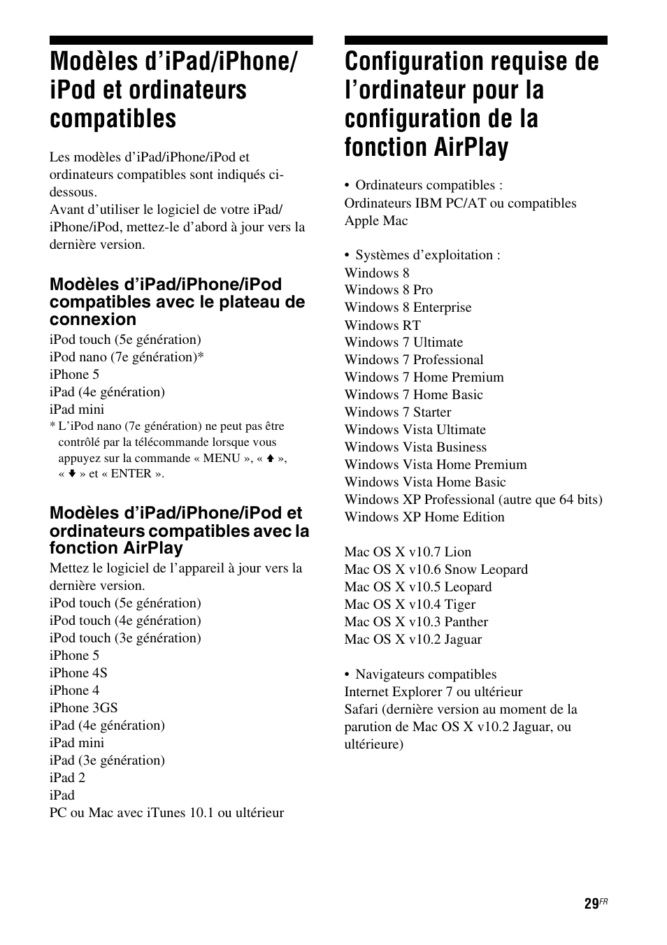 Modèles d’ipad/iphone/ipod et ordinateurs, Compatibles, Configuration requise de l’ordinateur pour | La configuration de la fonction airplay | Sony RDP-XA900iPN User Manual | Page 67 / 108