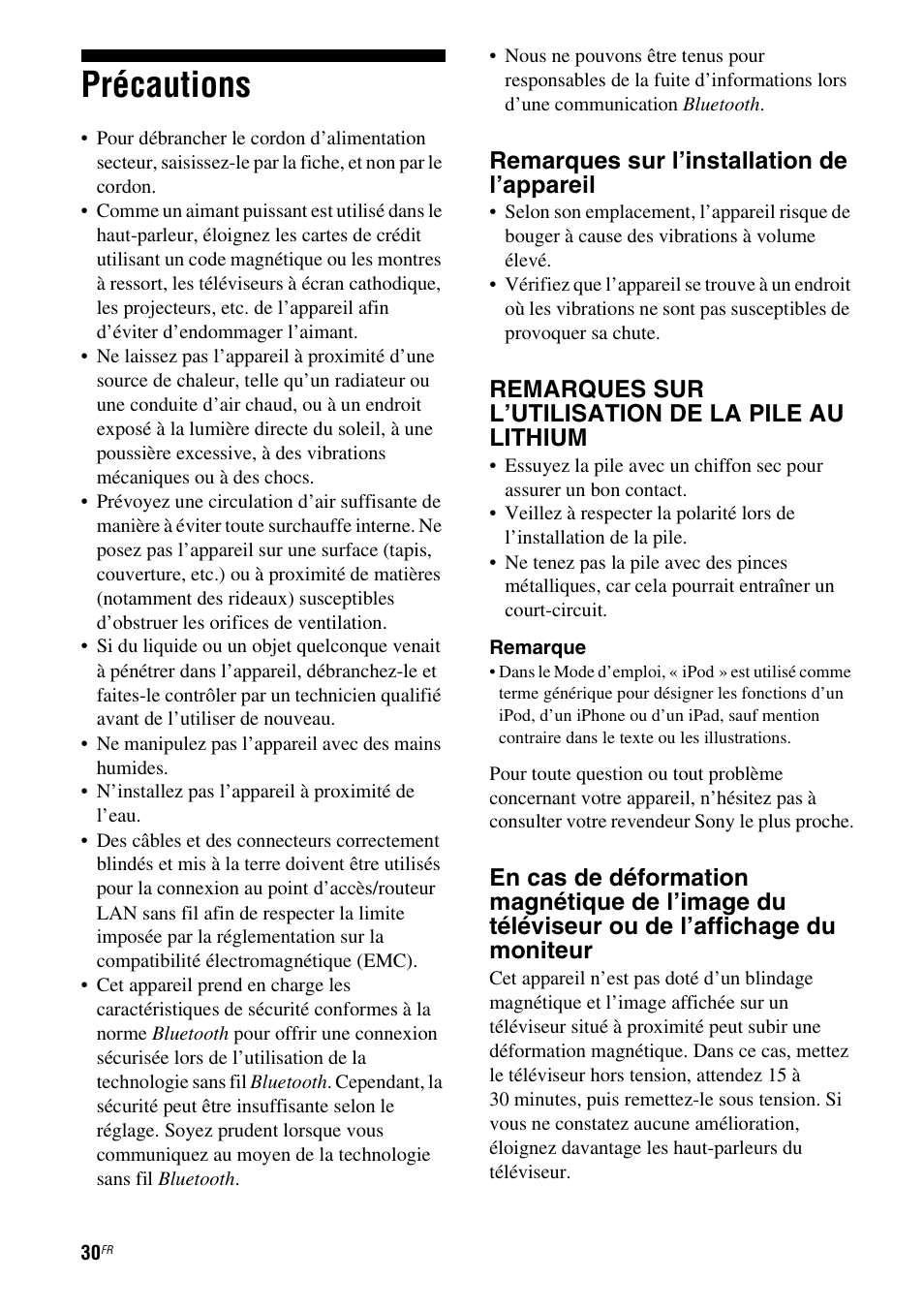 Précautions, Remarques sur l’installation de l’appareil, Remarques sur l’utilisation de la pile au lithium | Sony RDP-XA900iPN User Manual | Page 68 / 108