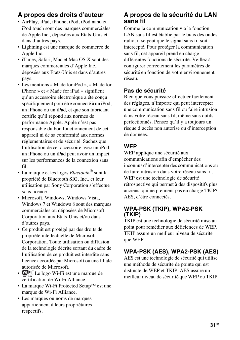 A propos des droits d’auteur, A propos de la sécurité du lan sans fil | Sony RDP-XA900iPN User Manual | Page 69 / 108