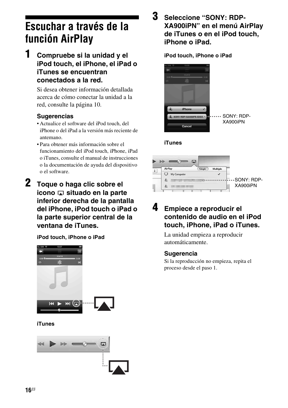 Escuchar a través de la función airplay, Escuchar a través de la función airplay 1 | Sony RDP-XA900iPN User Manual | Page 88 / 108