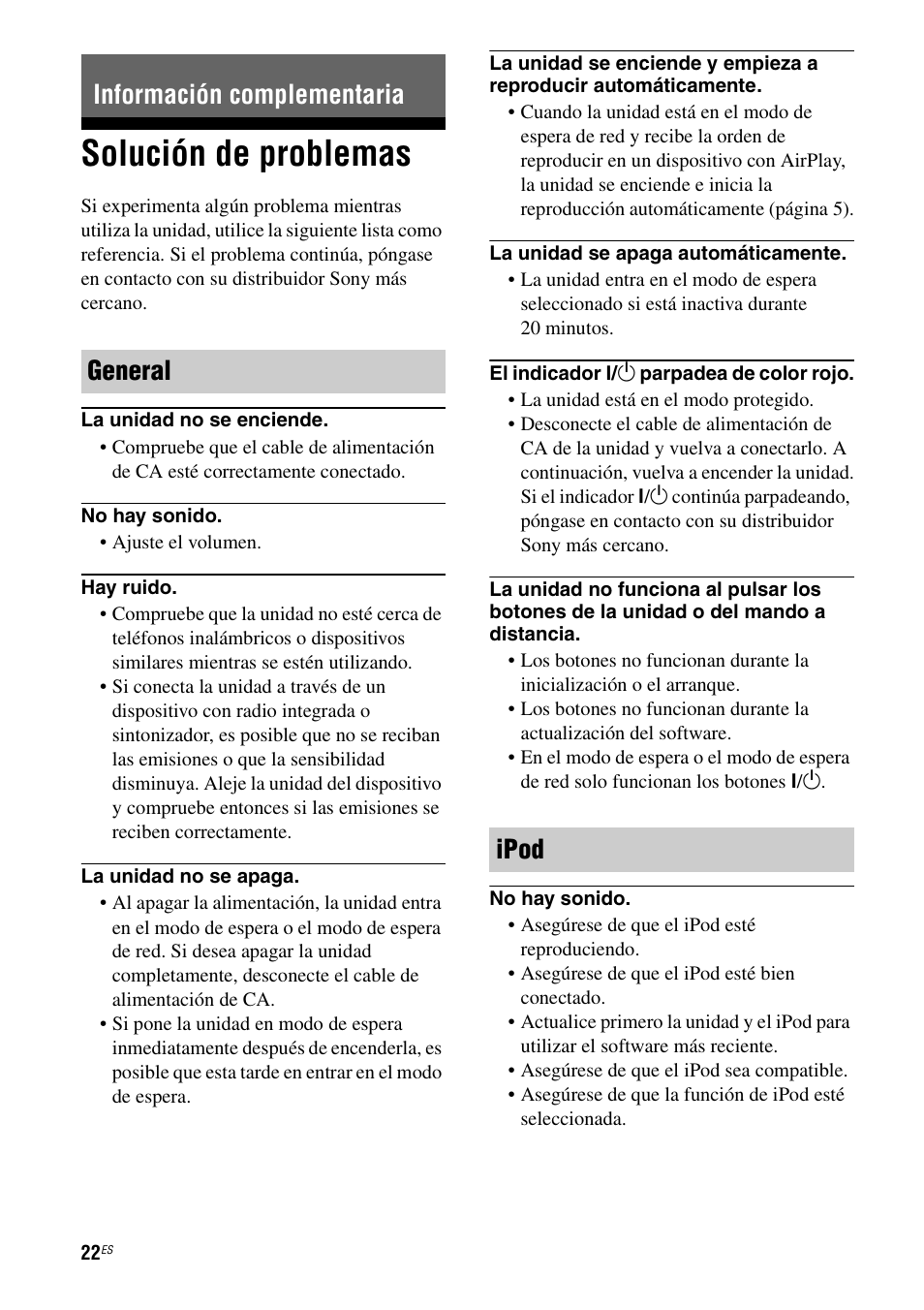 Información complementaria, Solución de problemas, Información complementaria general ipod | Sony RDP-XA900iPN User Manual | Page 94 / 108