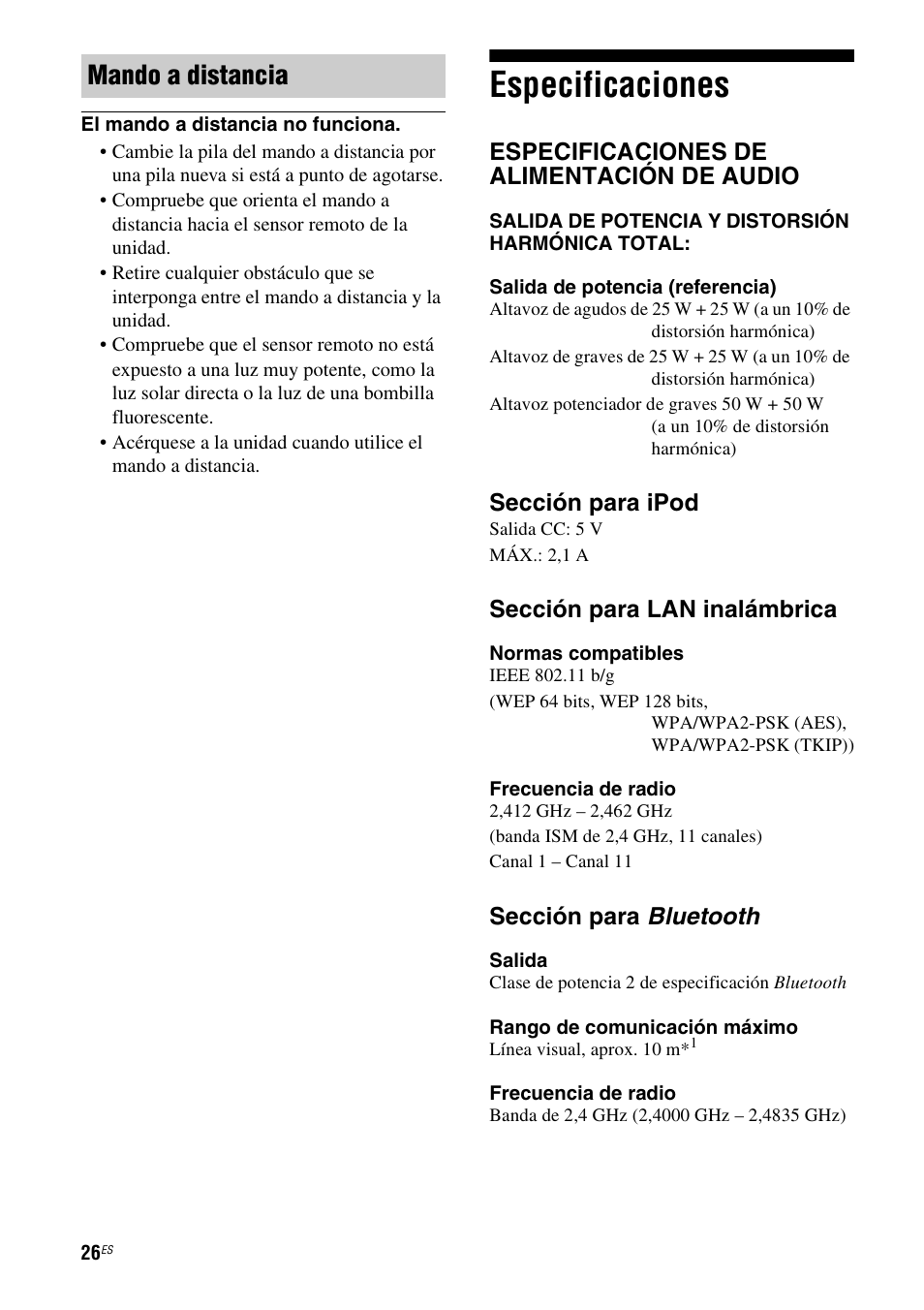 Especificaciones, Mando a distancia, Especificaciones de alimentación de audio | Sección para ipod, Sección para lan inalámbrica, Sección para bluetooth | Sony RDP-XA900iPN User Manual | Page 98 / 108