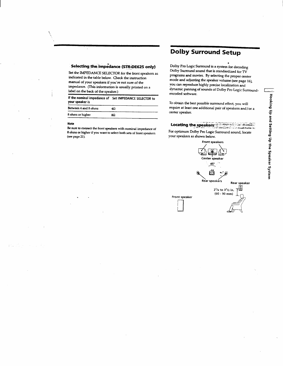 Dolby surround setup, Selecting the impedance (str^e625 only), Locating the speakers | Sony STR-DE625 User Manual | Page 14 / 41