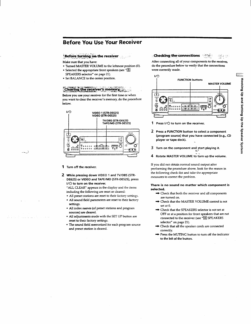Before you use your receiver, Xcteanna the- receiver^ memorv, Checking the connections v | Sony STR-DE625 User Manual | Page 16 / 41