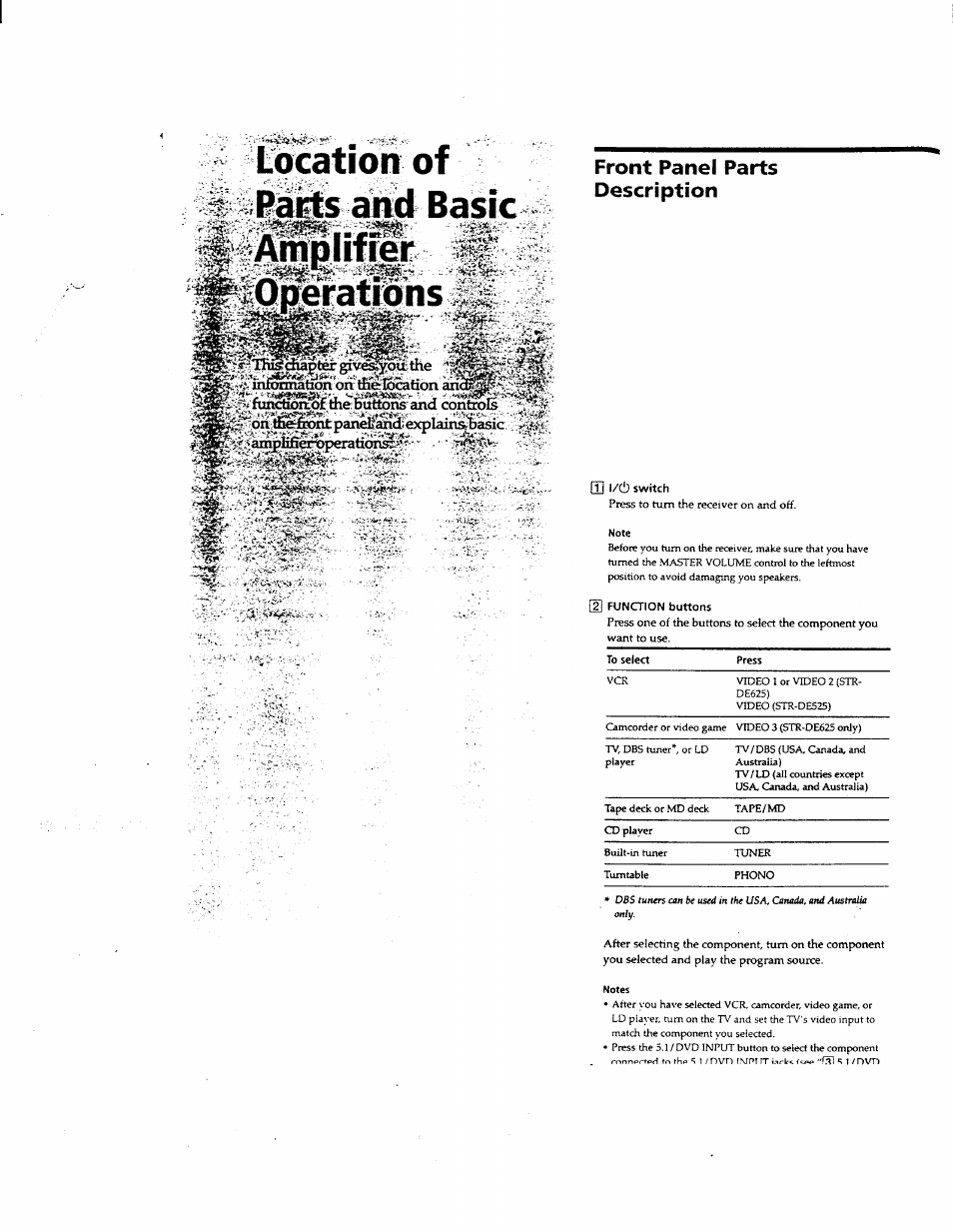 Tocatioh of, Front panel parts description, I#aradiif№r q^fations | Rнr ^ .v, T>ffunction;o£ me buttonsan controls, Íonímeéfiwntpanelianaexplaiii&basic | Sony STR-DE625 User Manual | Page 18 / 41