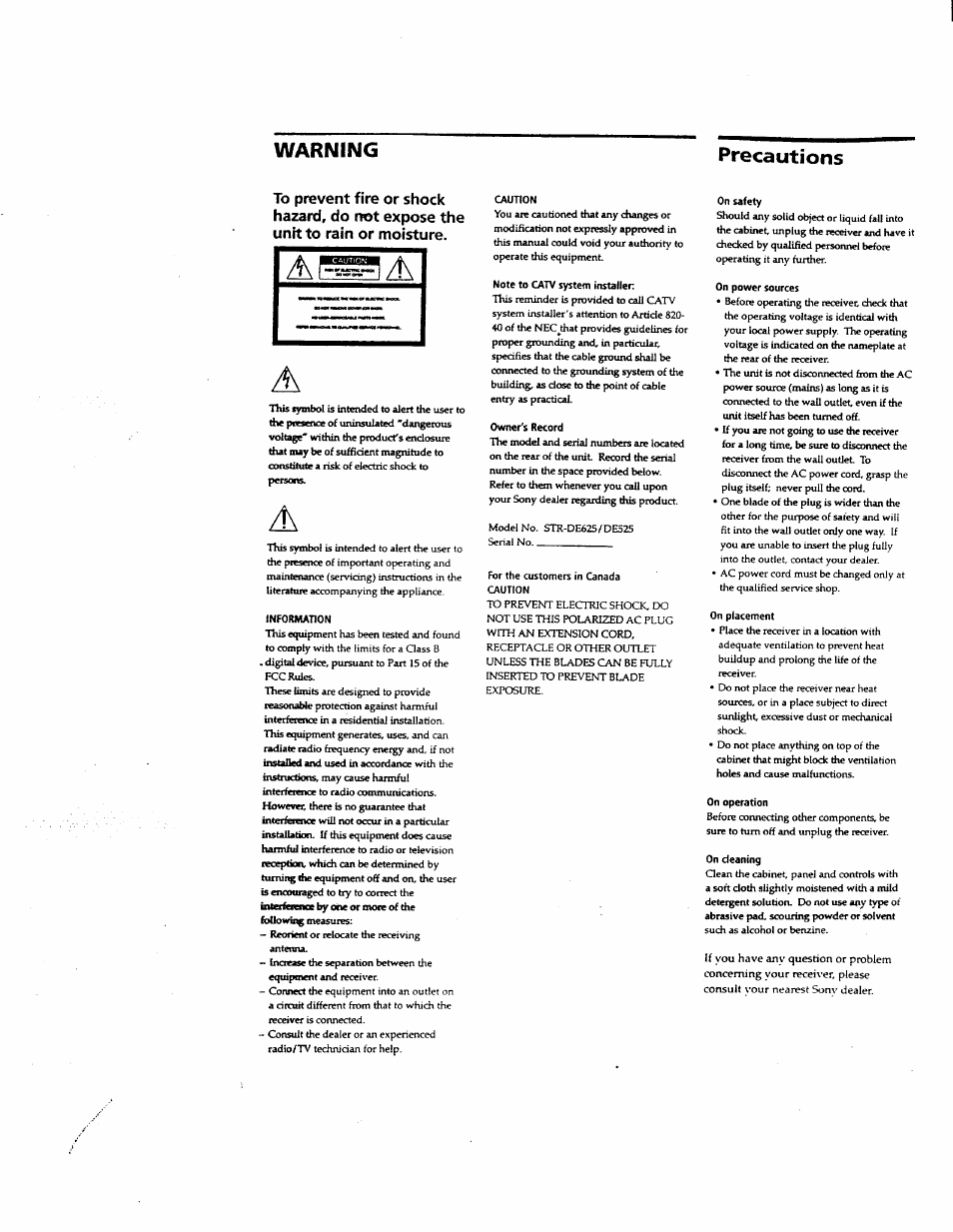 Precautions, Warning precautions | Sony STR-DE625 User Manual | Page 2 / 41