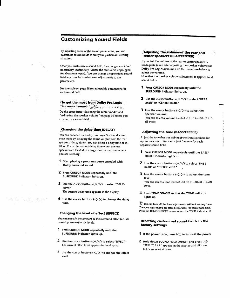 Customizing sound fields, Changing the delay'time. (delay), Changing the level of effect (effect) | Adjusting the tone (bass/treble) | Sony STR-DE625 User Manual | Page 25 / 41