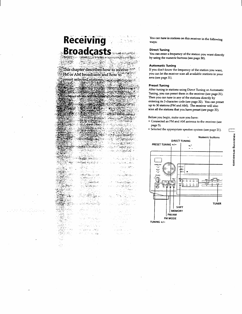 Receiving, Bcoadcasts, Receiving bcoadcasts | Jilhis chapterdesfcrib^'how: to receive | Sony STR-DE625 User Manual | Page 27 / 41