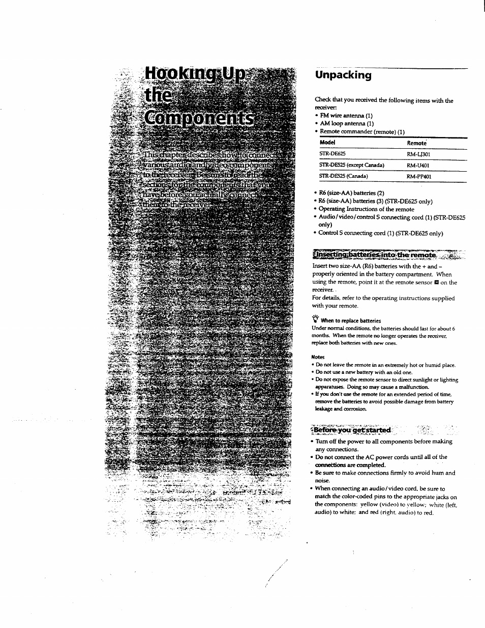 Unpacking | Sony STR-DE625 User Manual | Page 3 / 41