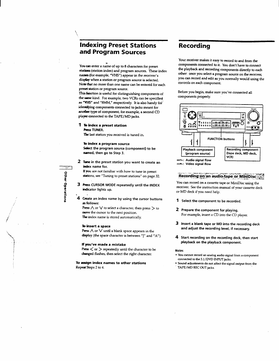Indexing preset stations and program sources, Recording, Re<»rdmg;ian:|an audr№.tape or mmidisc | Sony STR-DE625 User Manual | Page 32 / 41