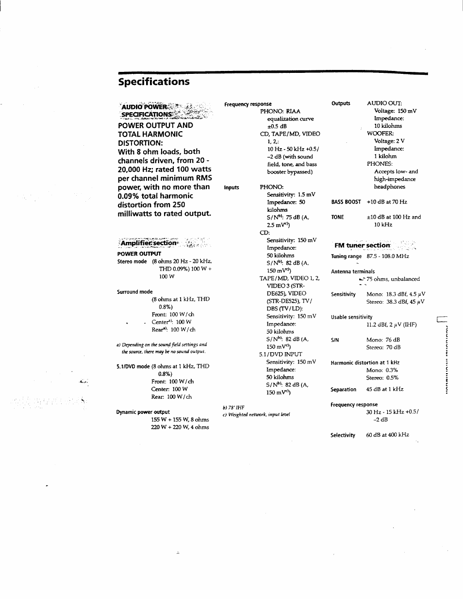 Specifications | Sony STR-DE625 User Manual | Page 37 / 41