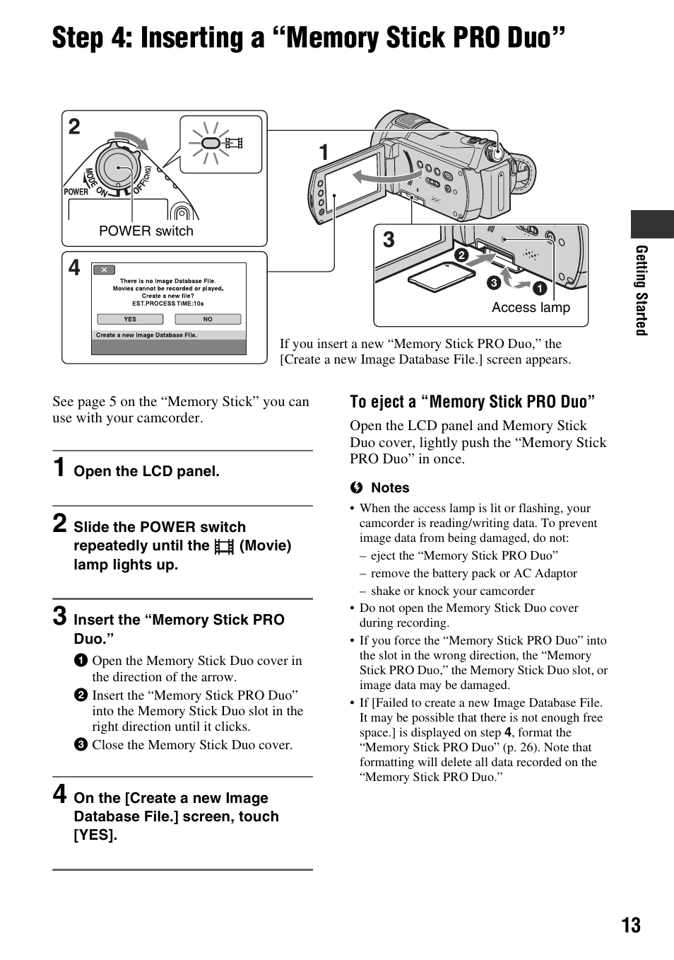 Step 4: inserting a “memory stick pro duo, P. 13) | Sony HDR-CX7 User Manual | Page 13 / 40