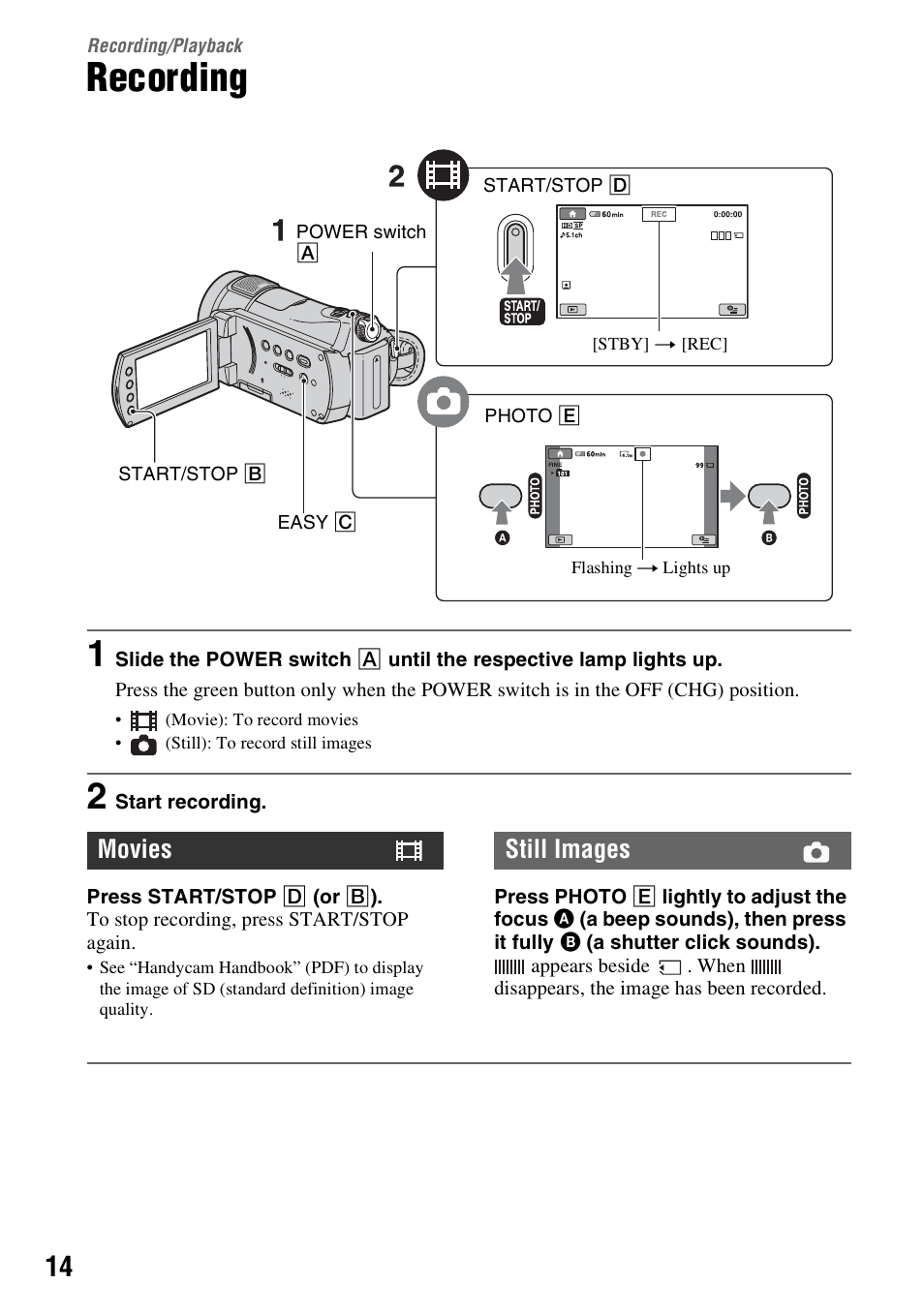 Recording/playback, Recording, Movies still images | Sony HDR-CX7 User Manual | Page 14 / 40