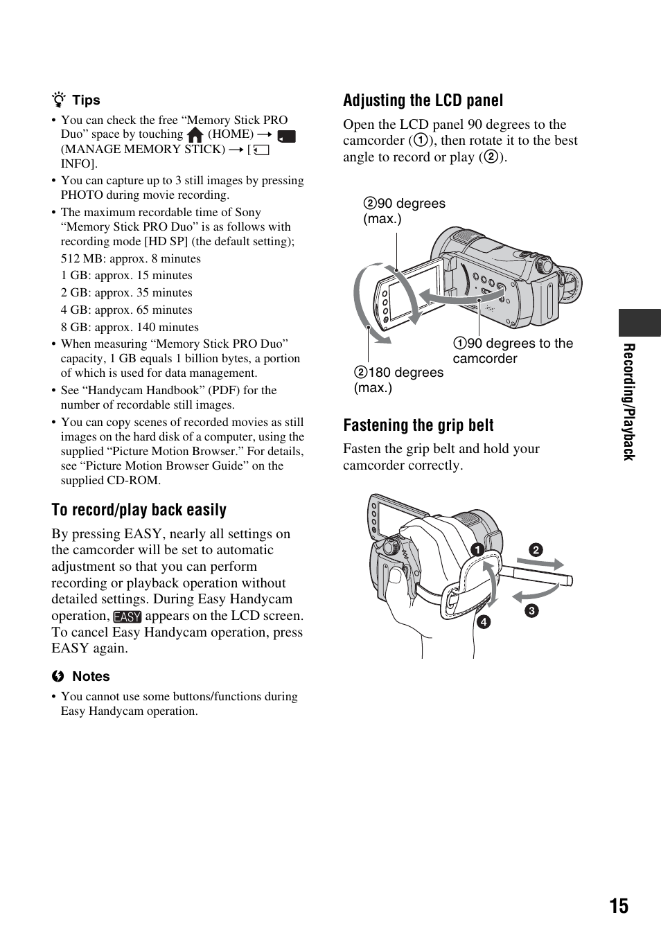 Adjusting the lcd panel, Fastening the grip belt | Sony HDR-CX7 User Manual | Page 15 / 40