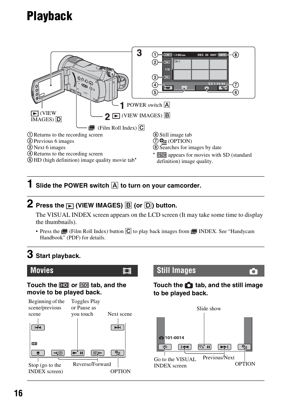 Playback, Movies, Still images | Sony HDR-CX7 User Manual | Page 16 / 40