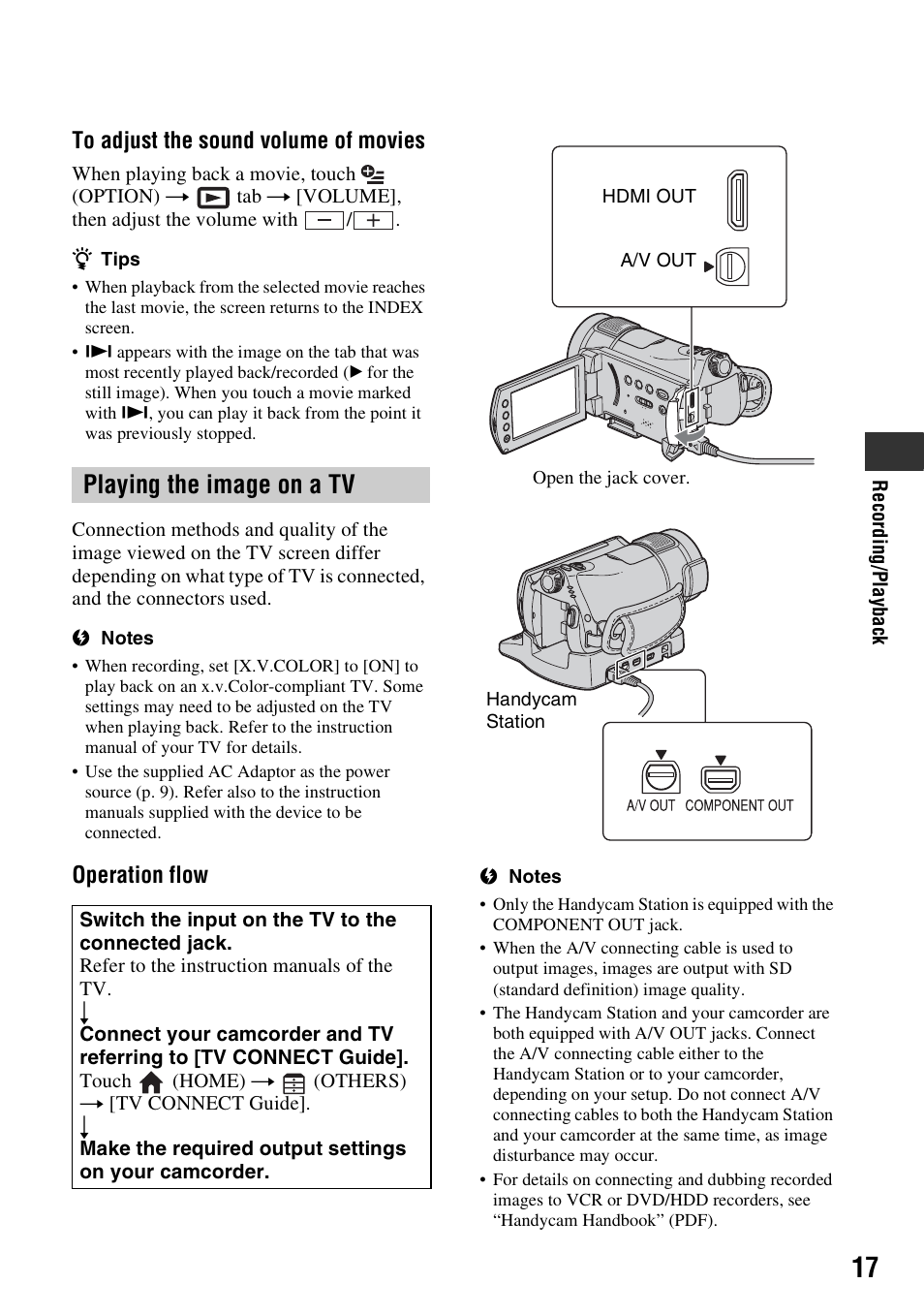 Playing the image on a tv, E (1) (p. 17), P. 17) | Sony HDR-CX7 User Manual | Page 17 / 40