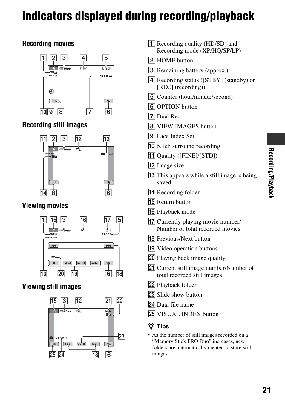 Indicators displayed during recording/playback | Sony HDR-CX7 User Manual | Page 21 / 40