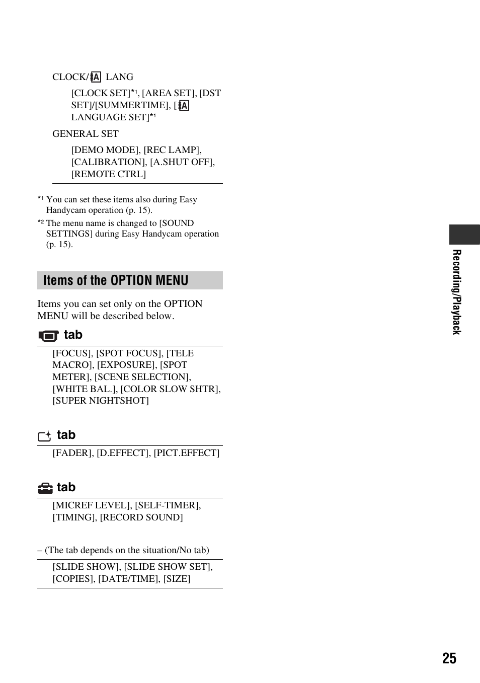 Items of the option menu | Sony HDR-CX7 User Manual | Page 25 / 40