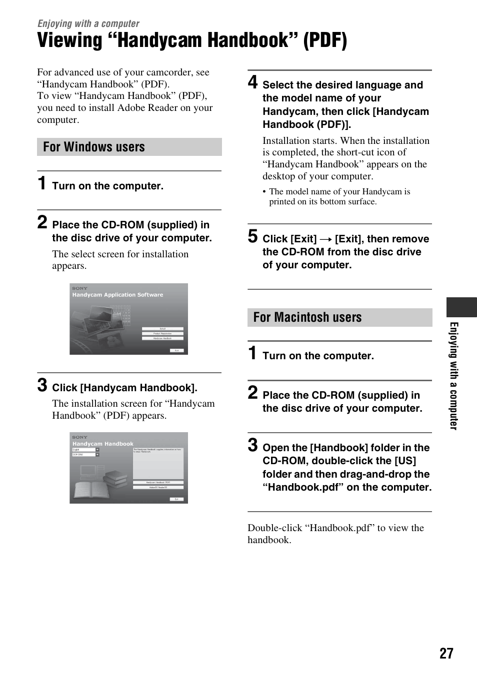 Enjoying with a computer, Viewing “handycam handbook” (pdf), 1) (p. 27) | Sony HDR-CX7 User Manual | Page 27 / 40