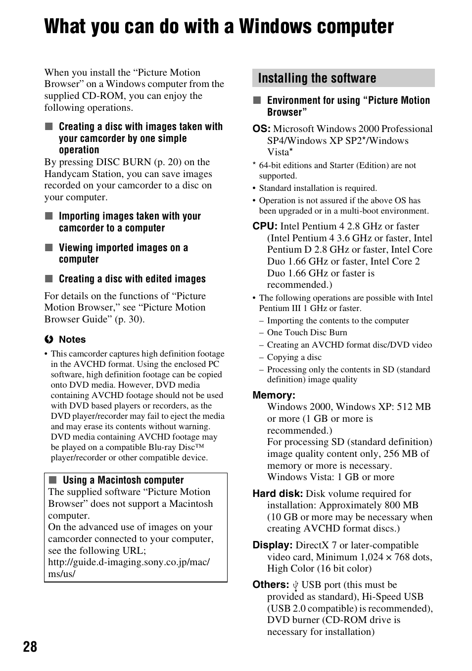 What you can do with a windows computer, Installing the software | Sony HDR-CX7 User Manual | Page 28 / 40