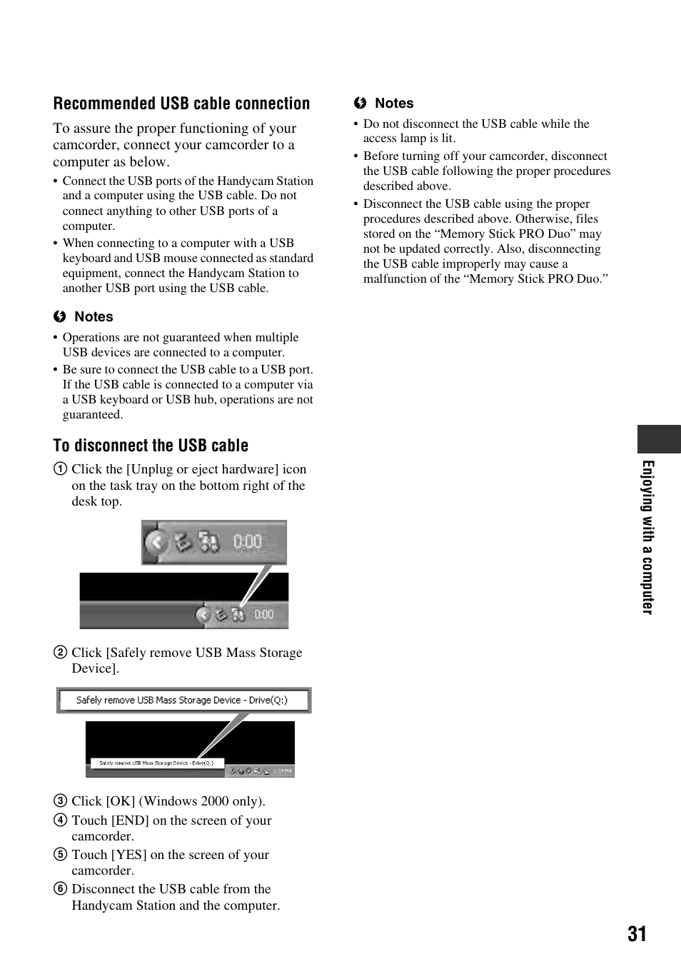 Recommended usb cable connection | Sony HDR-CX7 User Manual | Page 31 / 40