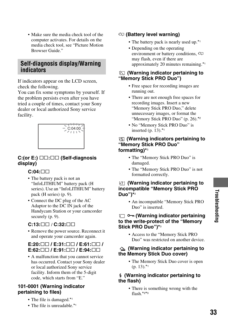 Self-diagnosis display/warning indicators | Sony HDR-CX7 User Manual | Page 33 / 40