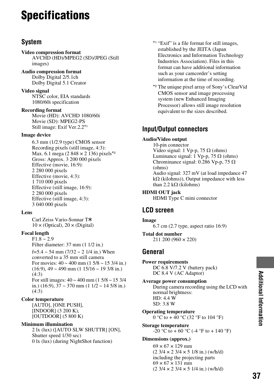 Specifications, System, Input/output connectors | Lcd screen, General | Sony HDR-CX7 User Manual | Page 37 / 40