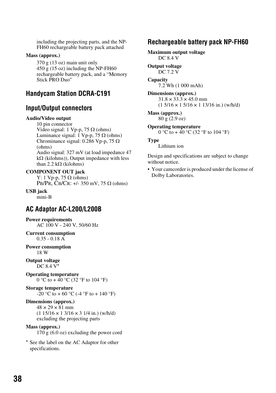 Handycam station dcra-c191 input/output connectors, Rechargeable battery pack np-fh60 | Sony HDR-CX7 User Manual | Page 38 / 40