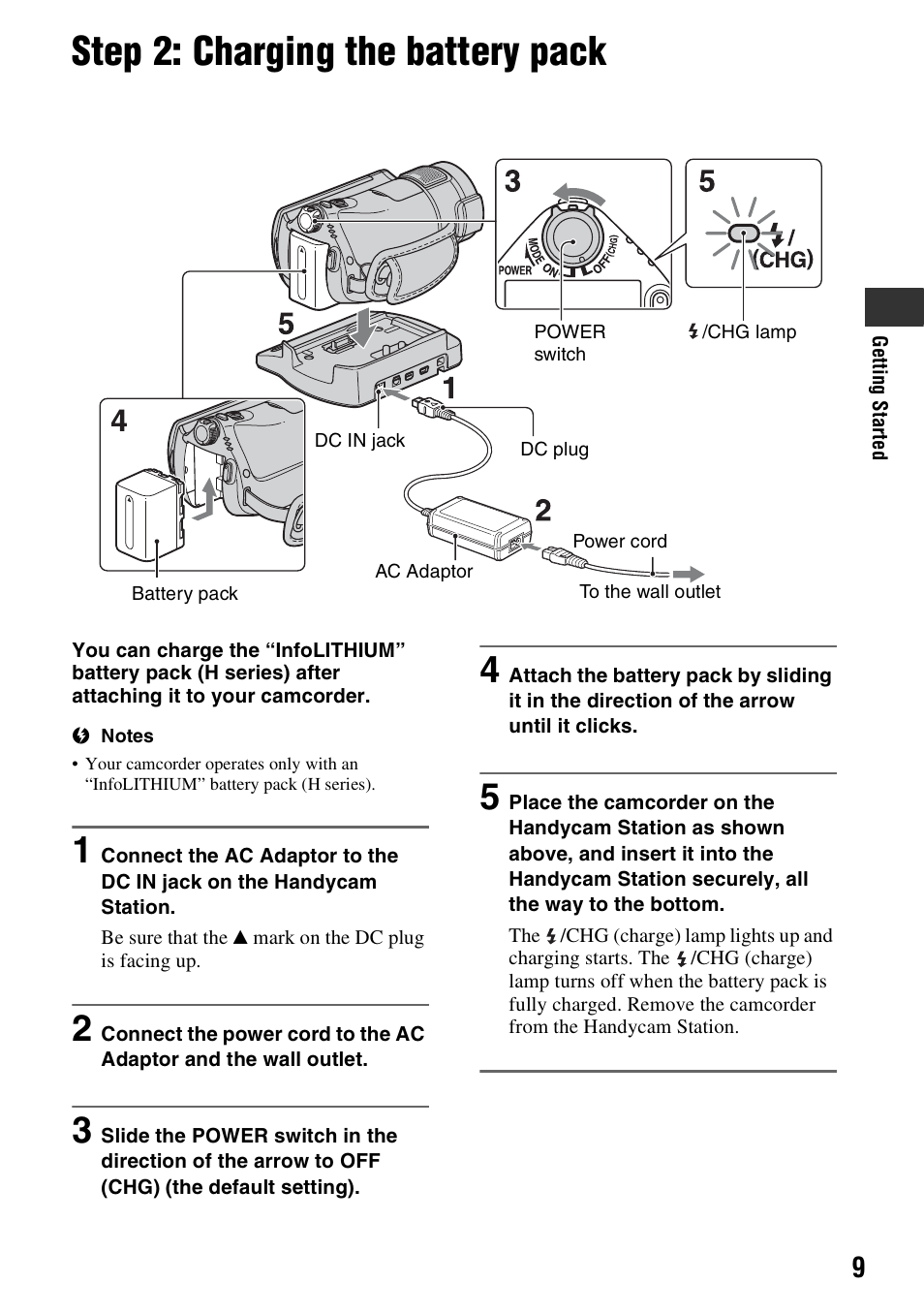 Step 2: charging the battery pack, R (1) (p. 9), Rd (1) (p. 9 | P. 9), 1) (p. 9 | Sony HDR-CX7 User Manual | Page 9 / 40