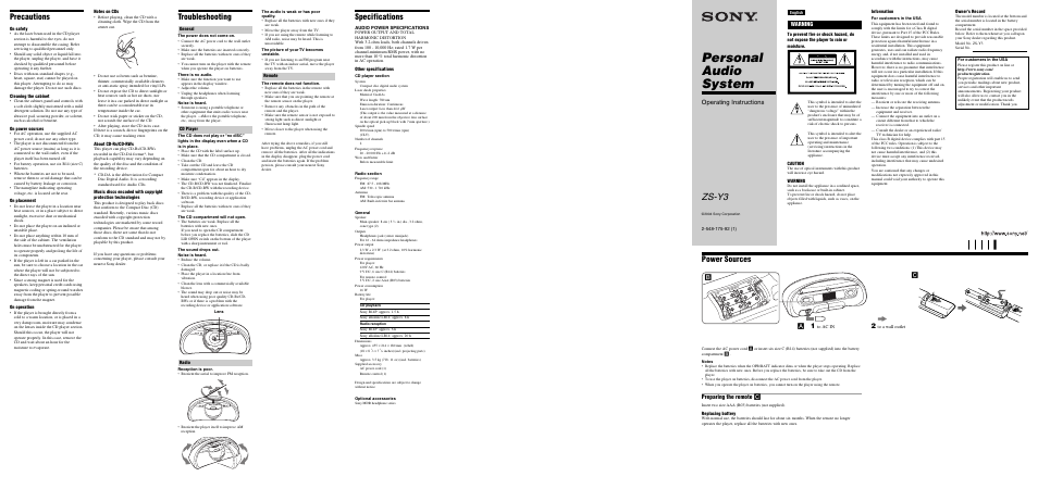 Sony ZS-Y3 User Manual | 2 pages