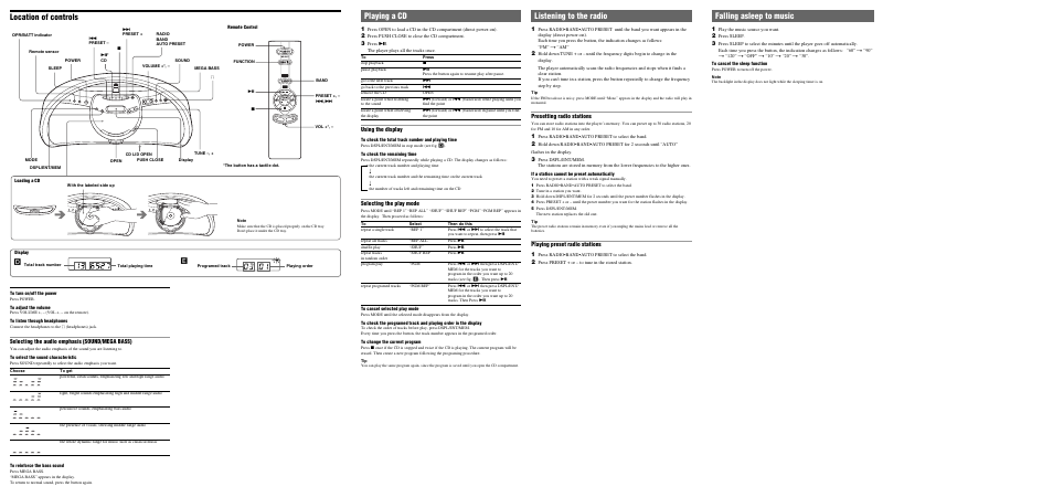 Location of controls, Listening to the radio, Playing a cd | Falling asleep to music, Selecting the audio emphasis (sound/mega bass), Presetting radio stations, Playing preset radio stations 1, Using the display, Selecting the play mode | Sony ZS-Y3 User Manual | Page 2 / 2