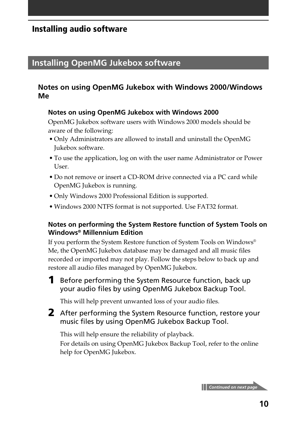 Installing openmg jukebox software | Sony PEG-N760C User Manual | Page 10 / 57