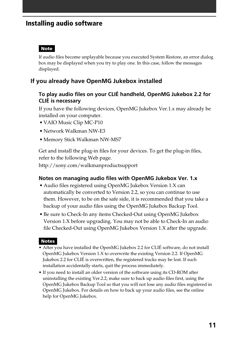 Installing audio software | Sony PEG-N760C User Manual | Page 11 / 57