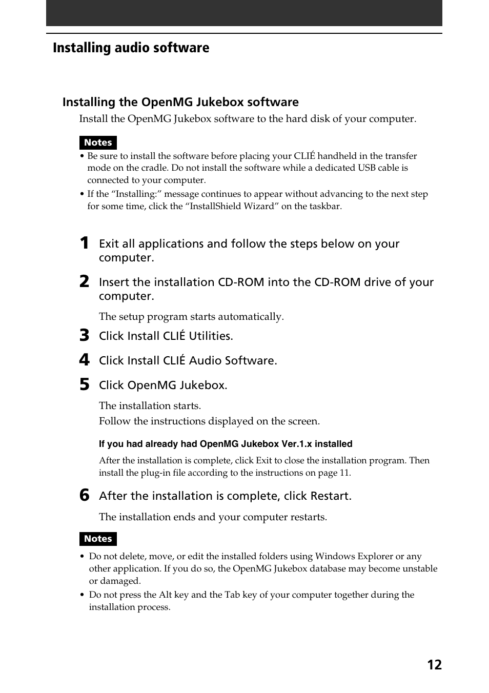 12 installing audio software | Sony PEG-N760C User Manual | Page 12 / 57