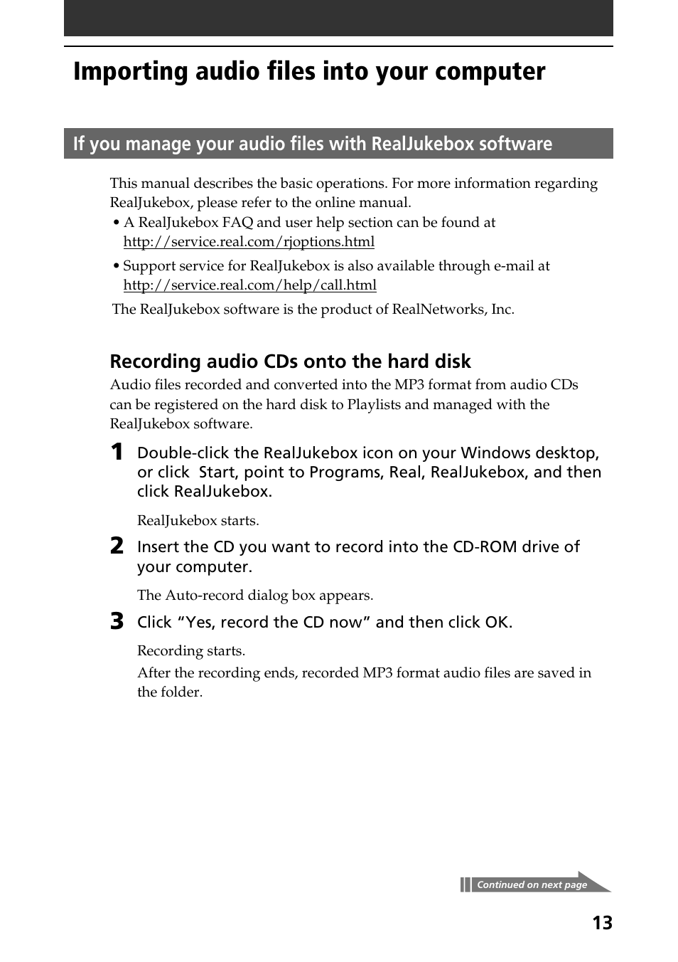 Importing audio files into your computer | Sony PEG-N760C User Manual | Page 13 / 57