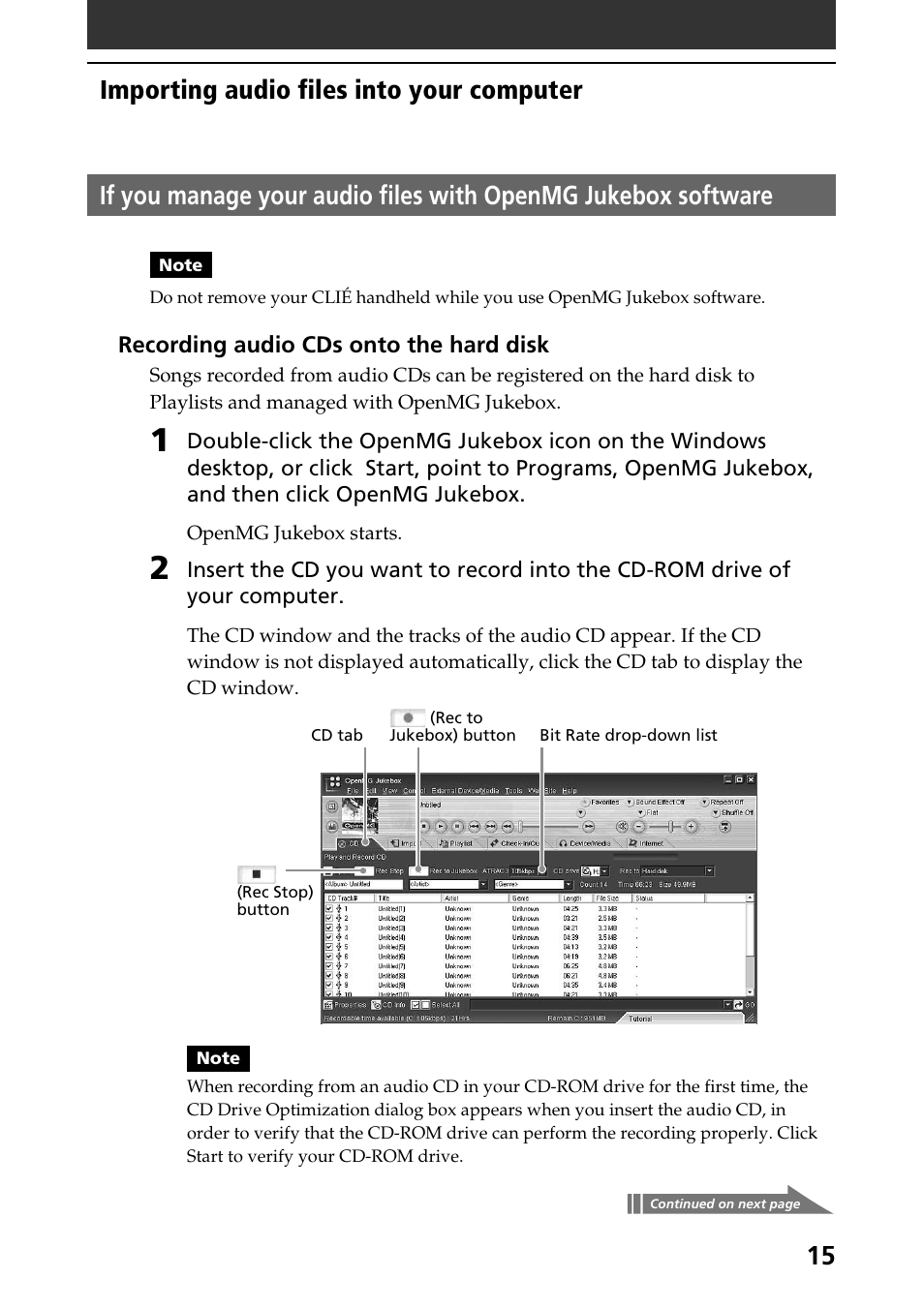 Importing audio files into your computer | Sony PEG-N760C User Manual | Page 15 / 57