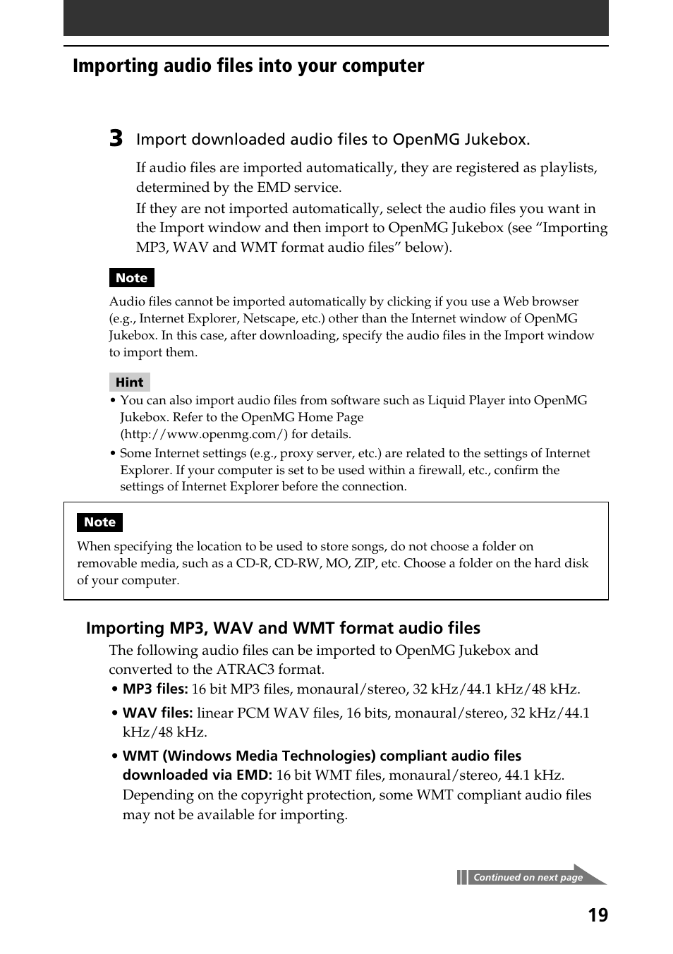 Importing audio files into your computer | Sony PEG-N760C User Manual | Page 19 / 57