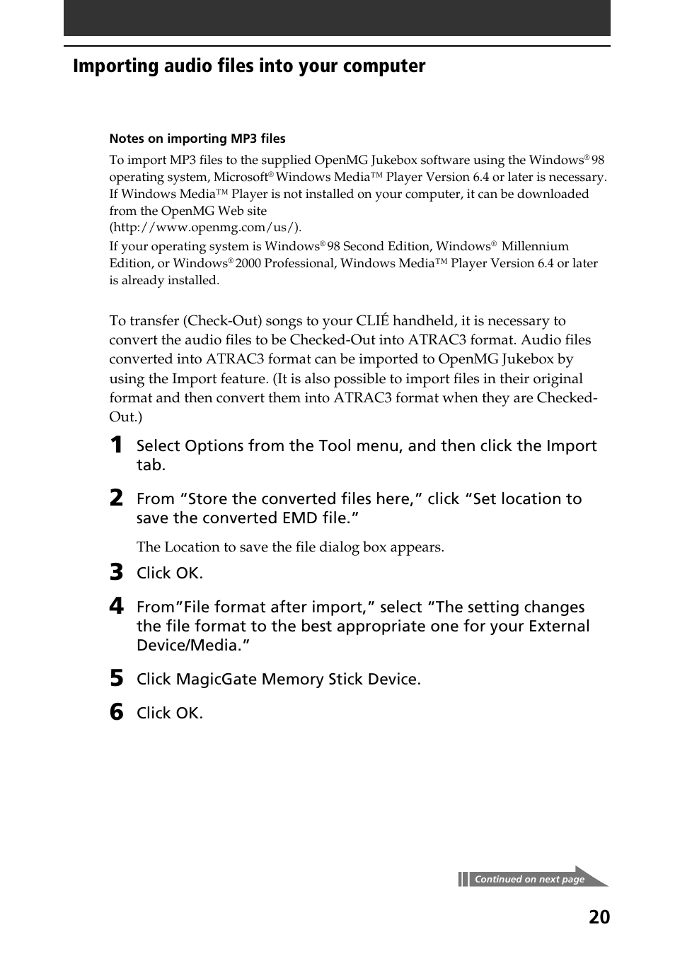 20 importing audio files into your computer | Sony PEG-N760C User Manual | Page 20 / 57