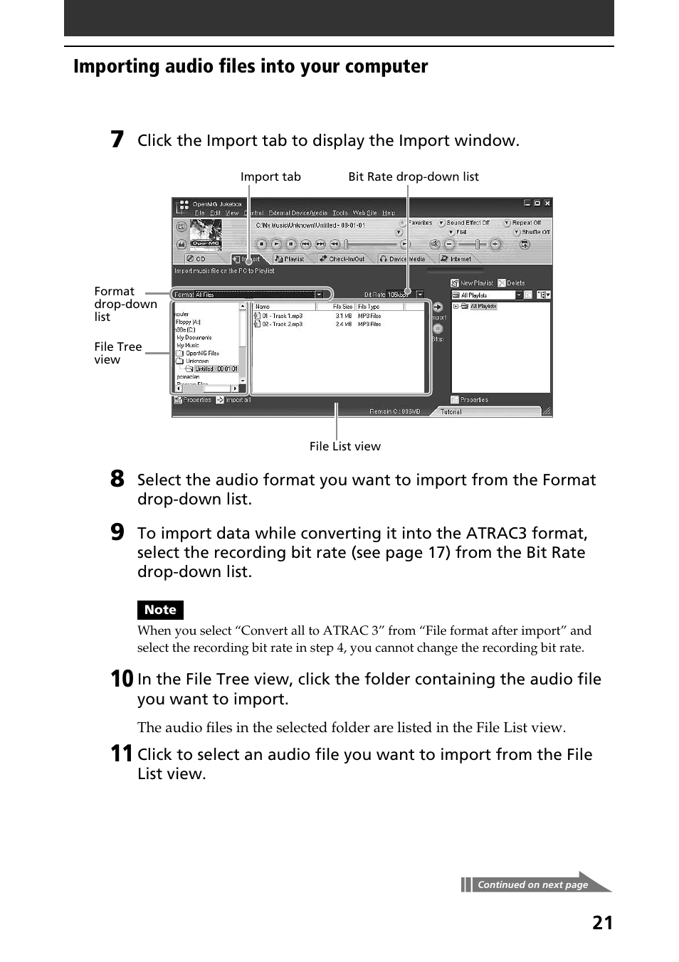 Importing audio files into your computer | Sony PEG-N760C User Manual | Page 21 / 57