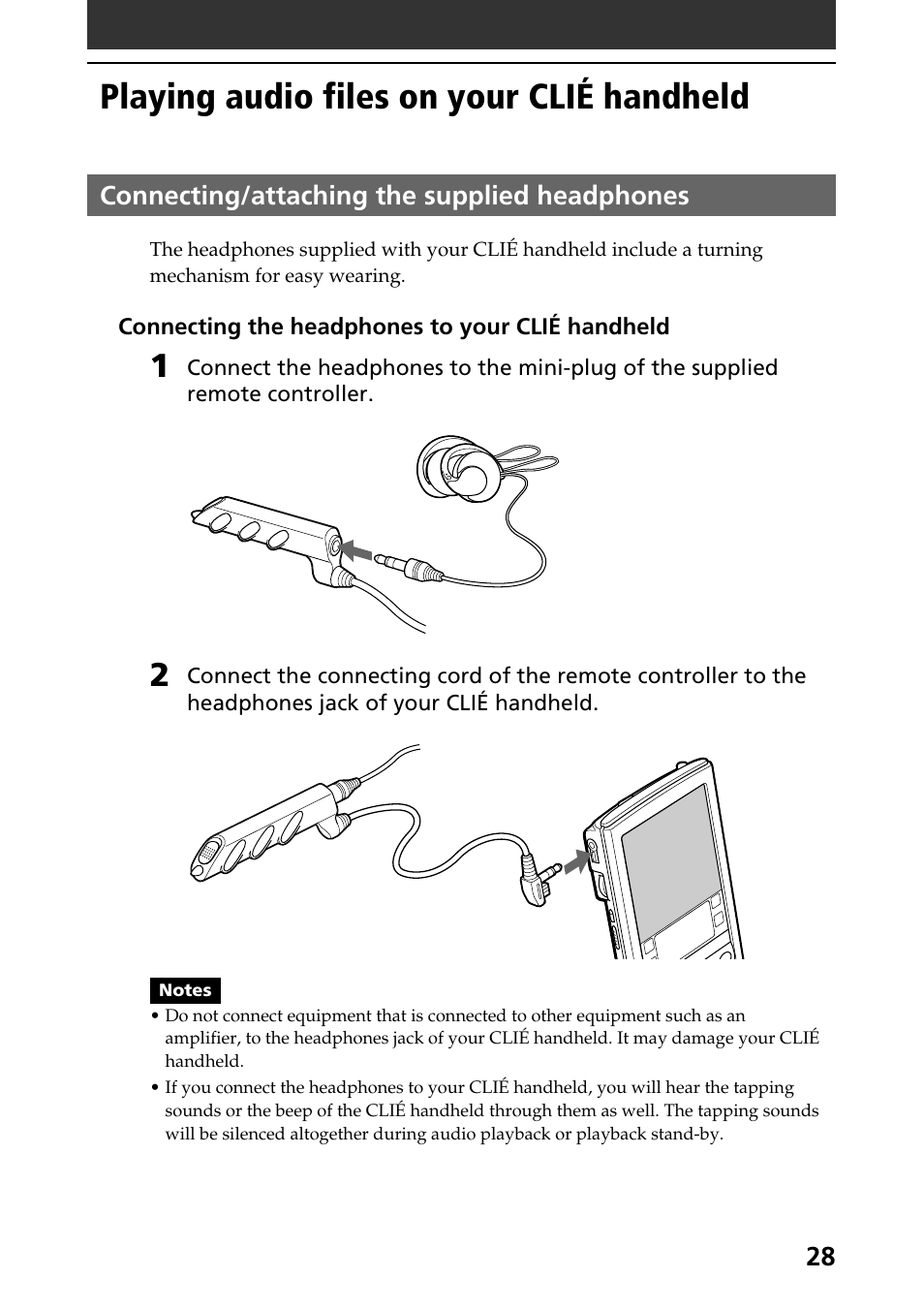 Playing audio files on your clié handheld, Connecting/attaching the supplied headphones | Sony PEG-N760C User Manual | Page 28 / 57