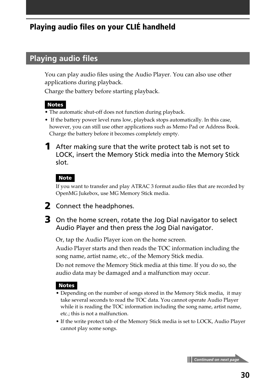 Playing audio files | Sony PEG-N760C User Manual | Page 30 / 57