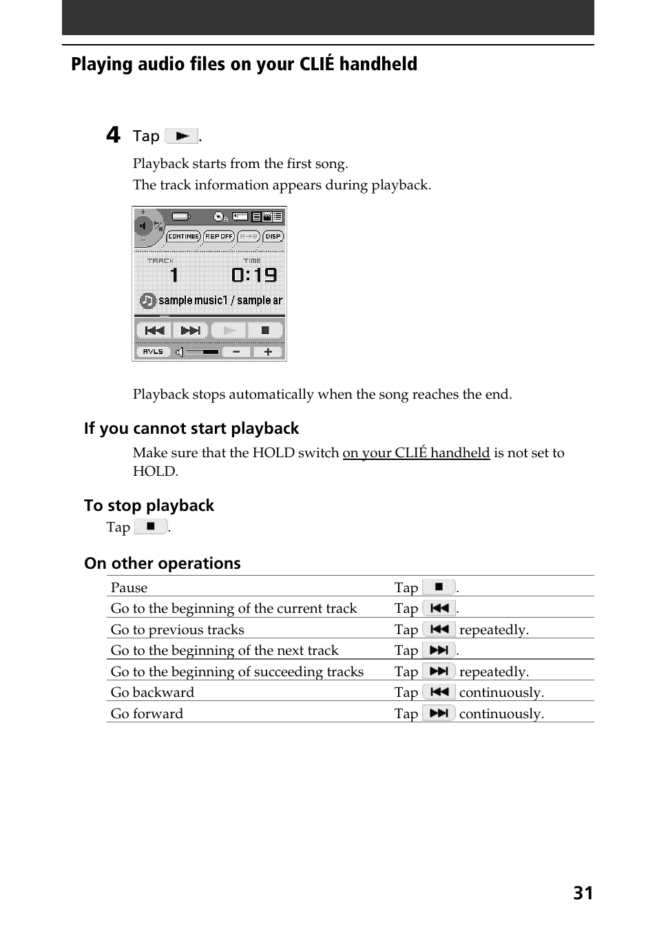 Playing audio files on your clié handheld | Sony PEG-N760C User Manual | Page 31 / 57