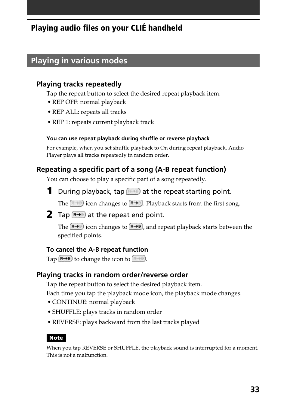 Playing in various modes, 33 playing in various modes, Playing audio files on your clié handheld | Sony PEG-N760C User Manual | Page 33 / 57